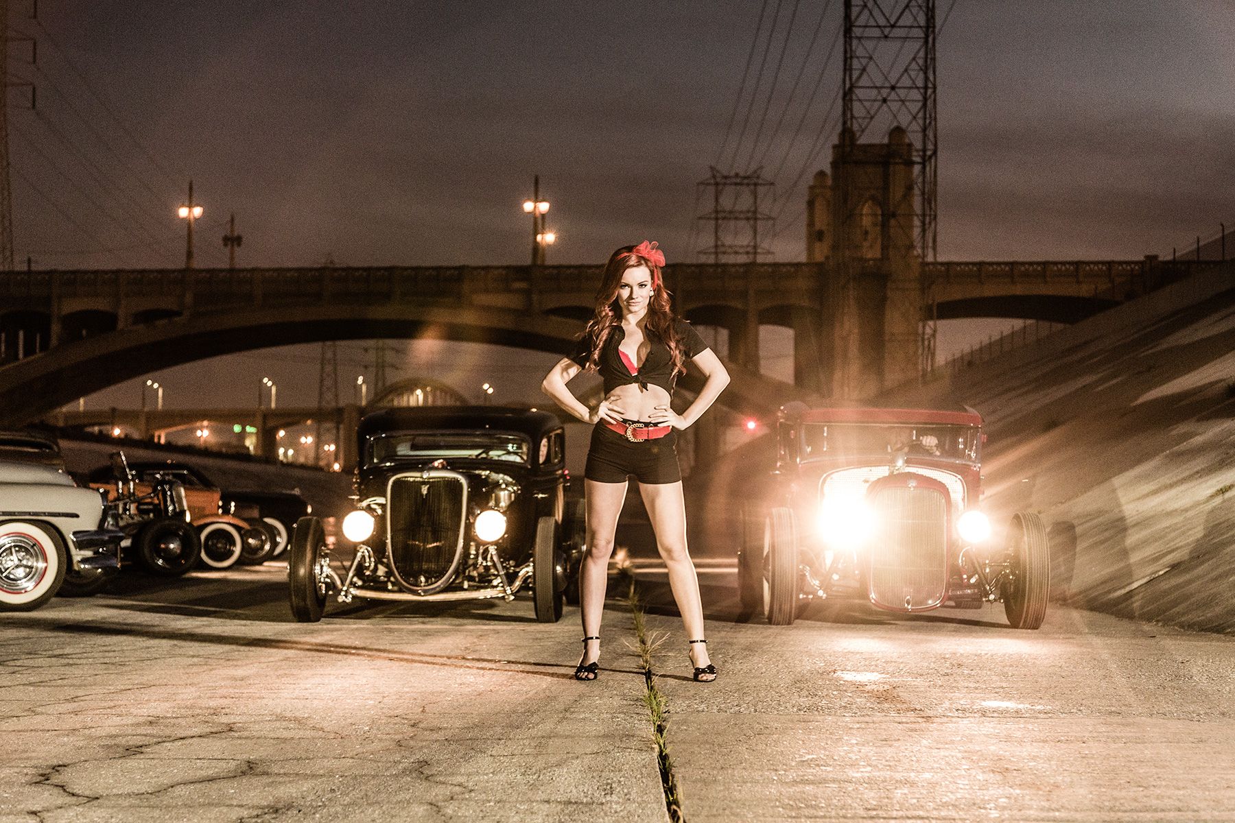 Los Ángeles River vintage fashion shoot for 3rd and Army Apparel with vintage cars and beautiful girl 