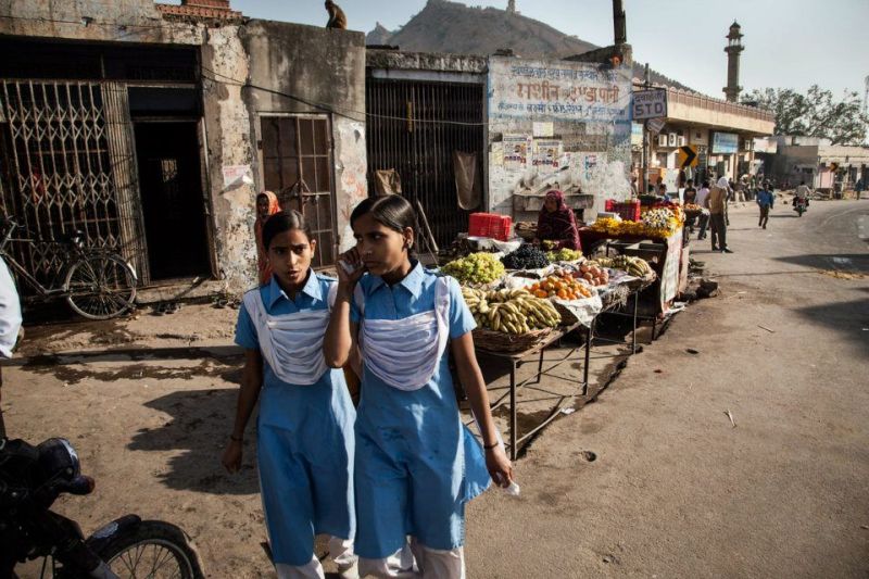Students walking on the streets of Jaipur, Rajasthan, India