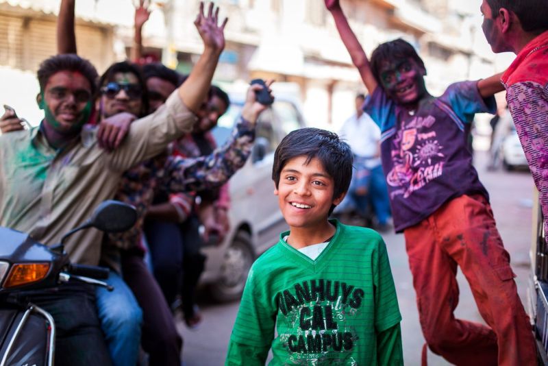 Group of friends in Jodhpur, Holi Festival of Colors in Rajasthan, India
