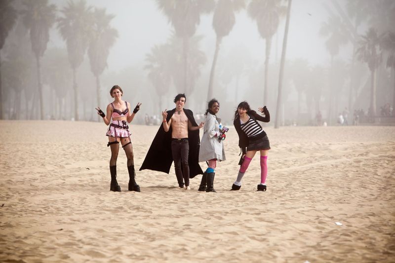 Venice Beach characters on the beach during a foggy day