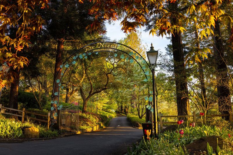 Far Niente winery main gate during springtime with colorful flowers