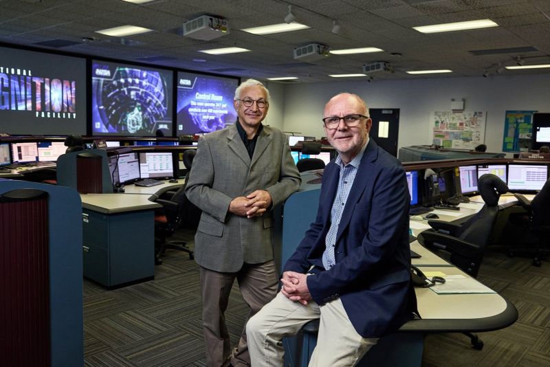 Physicists Omar Hurricane (left) and Richard Town (right) sit in the control room at NIF.